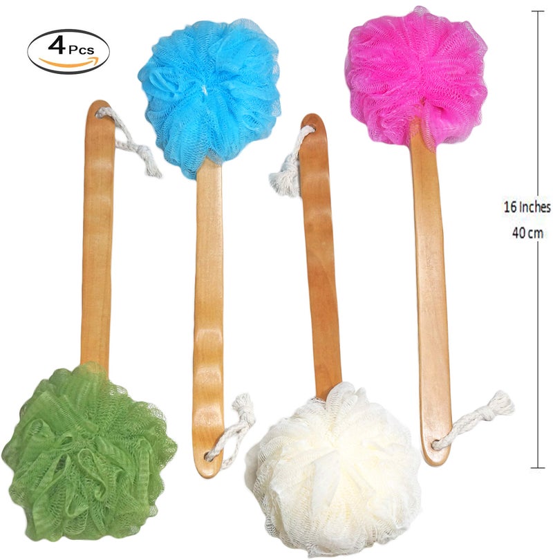 JINS-Hung 4 Pack Shower Loofah Body & Back Scrubber - Exfoliating Loofah luffa loofa Bath Brush On a Stick - with Long Wooden Handle Back Brush for Men & Women - Easy Reach Body Wash & Lotion Applicator - Image 2